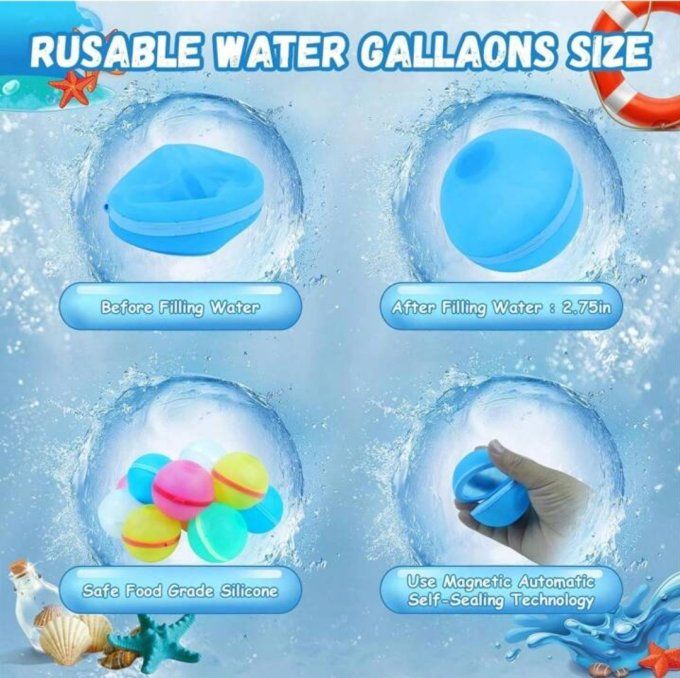bombes d'eau réutilisables magnétiques avec sac en filet, balles d'eau en silicone sans latex