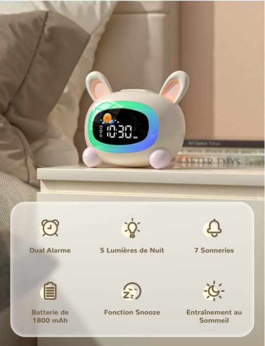 Réveil Enfant Lapin LED – Veilleuse Multicolore & Sons Apaisants – Recharge USB-C