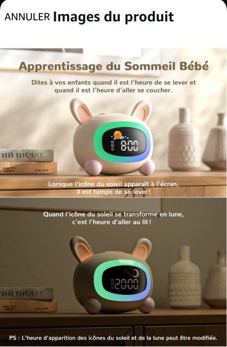 Réveil Enfant Lapin LED – Veilleuse Multicolore & Sons Apaisants – Recharge USB-C