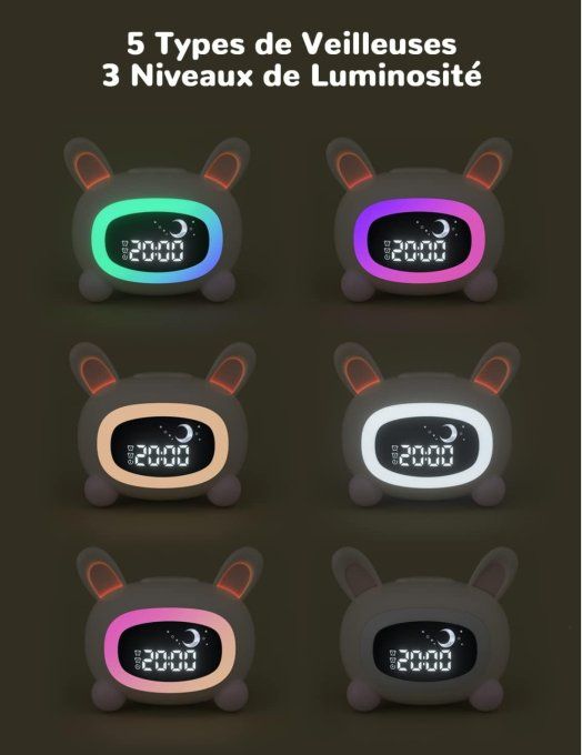 Réveil Enfant Lapin LED – Veilleuse Multicolore & Sons Apaisants – Recharge USB-C