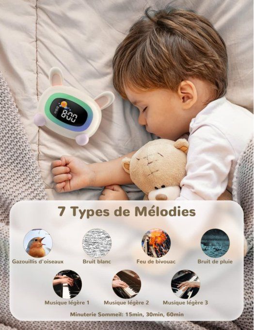 Réveil Enfant Lapin LED – Veilleuse Multicolore & Sons Apaisants – Recharge USB-C