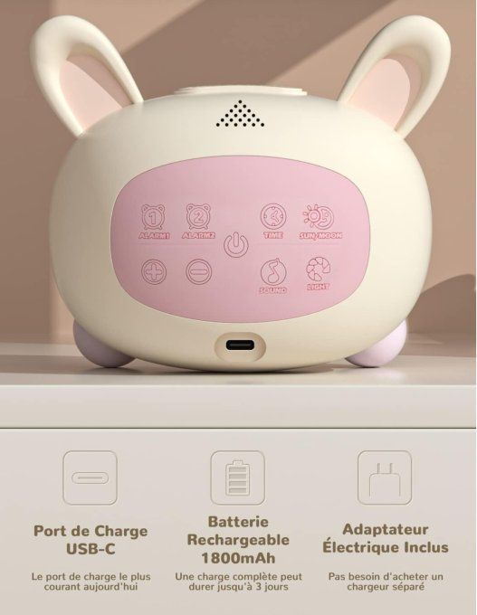 Réveil Enfant Lapin LED – Veilleuse Multicolore & Sons Apaisants – Recharge USB-C