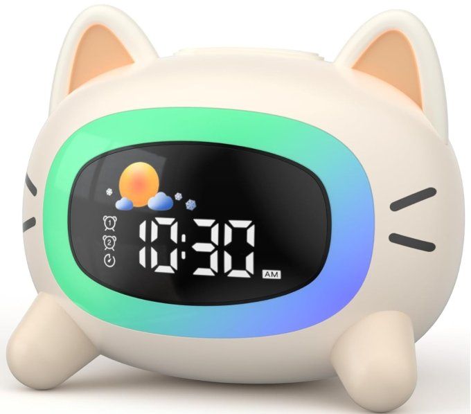 Réveil Enfant Chat LED – Veilleuse Multicolore, Musiques & Double Alarme – Recharge USB-C