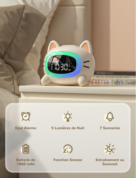 Réveil Enfant Chat LED – Veilleuse Multicolore, Musiques & Double Alarme – Recharge USB-C