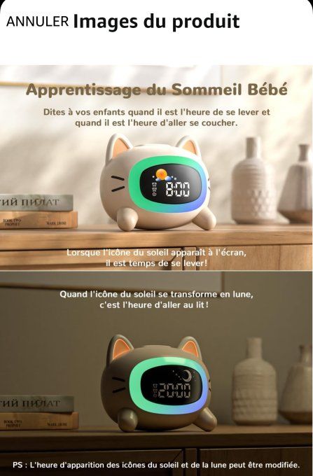 Réveil Enfant Chat LED – Veilleuse Multicolore, Musiques & Double Alarme – Recharge USB-C