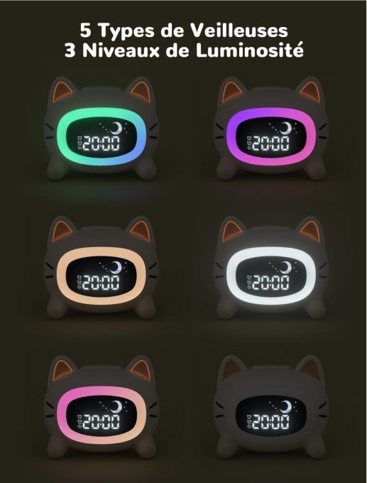 Réveil Enfant Chat LED – Veilleuse Multicolore, Musiques & Double Alarme – Recharge USB-C
