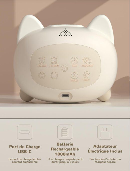 Réveil Enfant Chat LED – Veilleuse Multicolore, Musiques & Double Alarme – Recharge USB-C