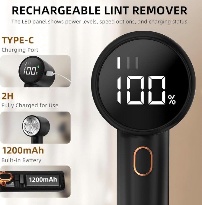 Rasoir Anti-Bouloche Électrique Rechargeable USB-C – Écran LED 3 Vitesses – Noir