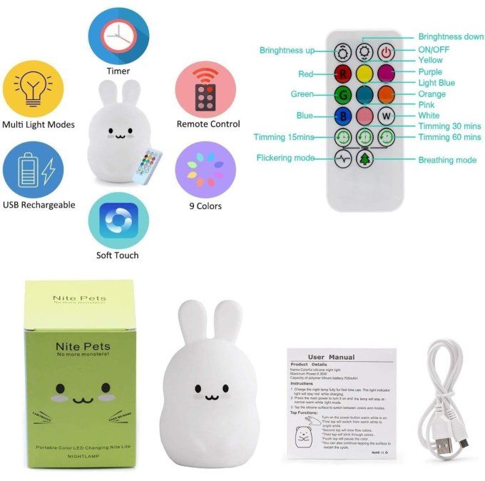 Veilleuse Enfant Lapin LED – Douce Lumière & Télécommande