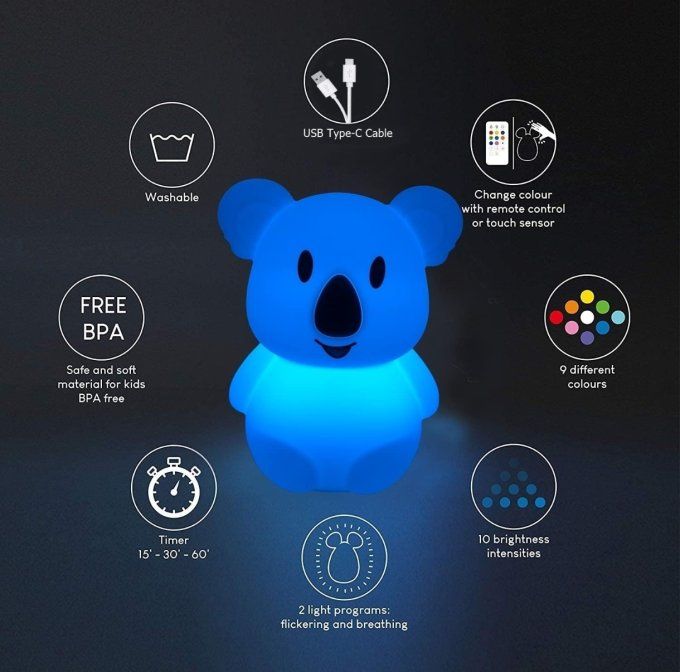 Veilleuse Enfant Koala LED – Rechargeable, Tactile & Télécommande